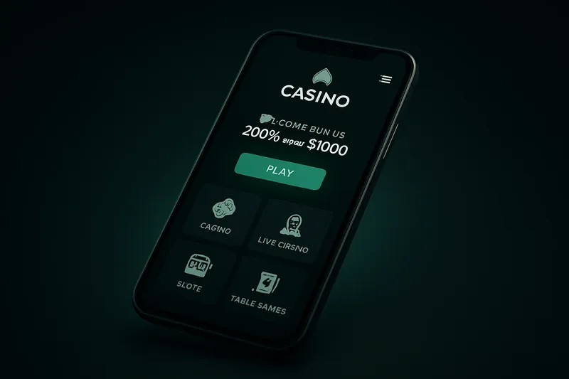 Modern smartphone showing dark premium casino app UI with green glow