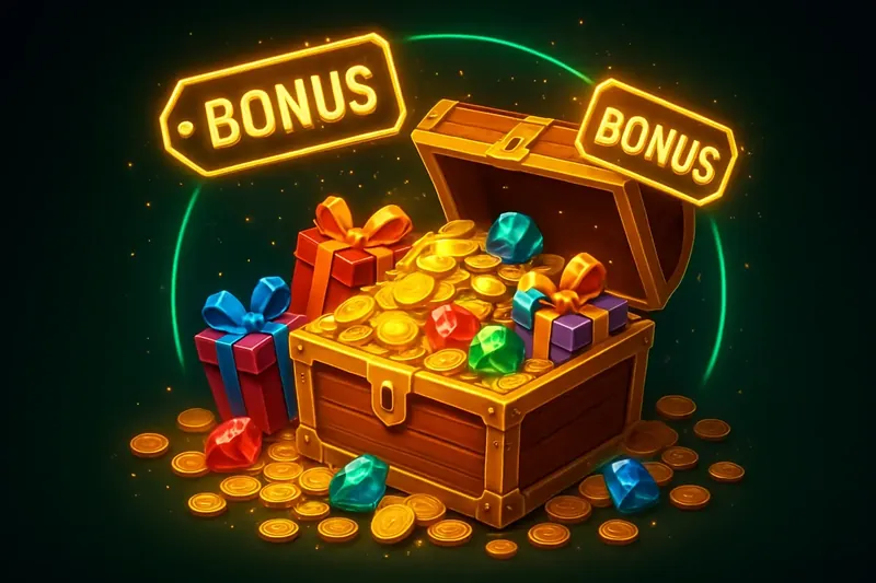 Golden Bonus Treasure Chest Golden treasure chest bursting with coins, gems, gift boxes, bonus tags