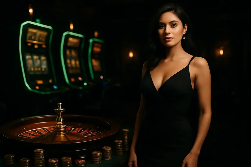 Luxury Casino Banner Confident woman in evening dress near roulette and slot machines