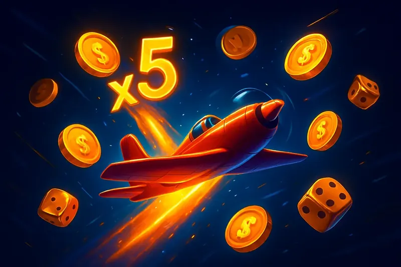 Aviator Crash Game Red airplane soaring with glowing multiplier trail, coins and dice floating