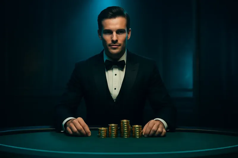Professional dealer behind green felt table with golden chips under spotlight
