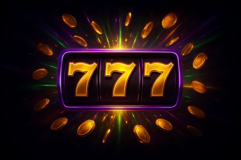 Slot machine jackpot with golden 777 symbols, coins, and neon light beams